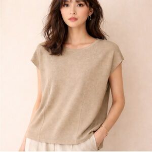 FOR CYNTHIA Beige Ribbed Knit Cap Sleeve Top M/L